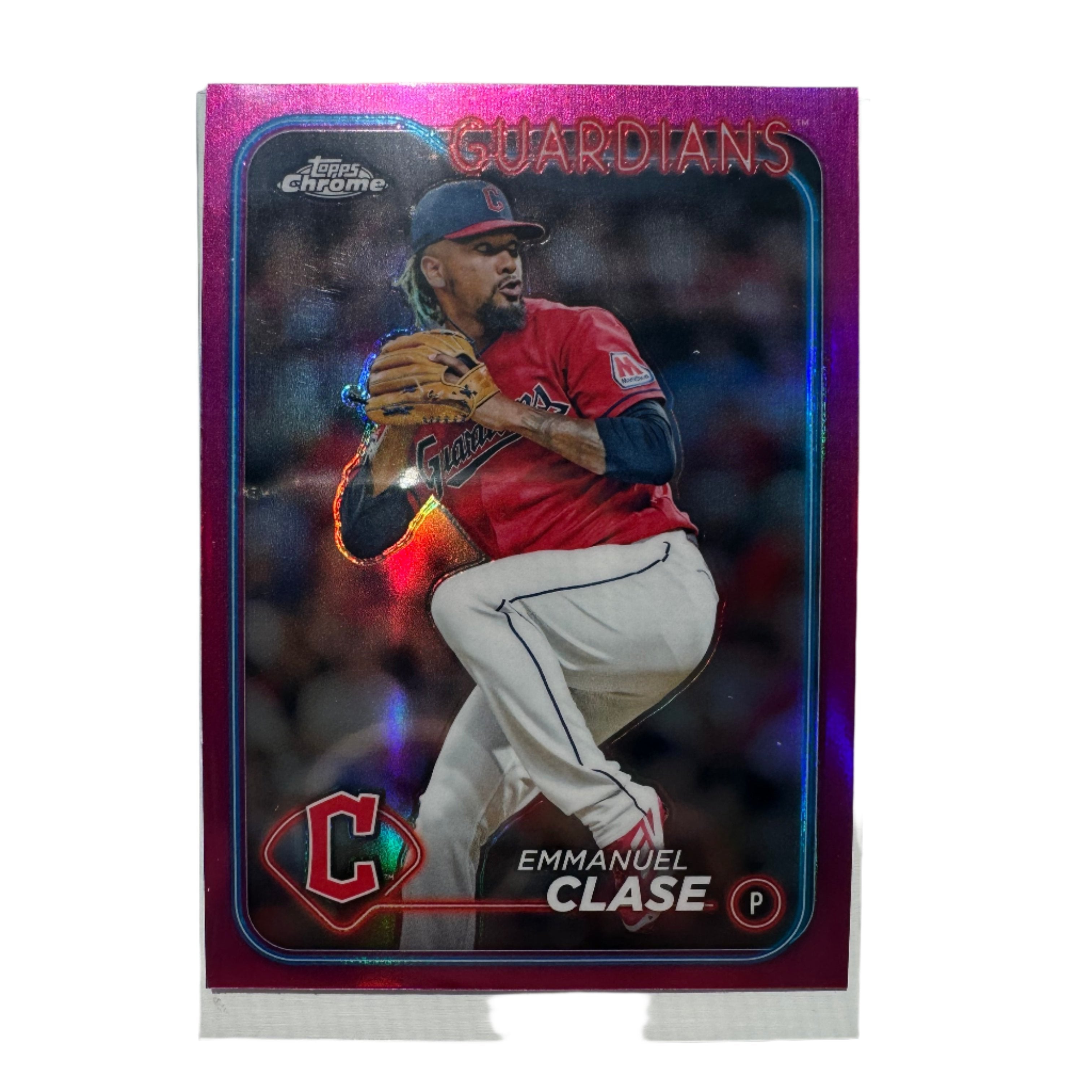 Collection of 2024 Topps Chrome #166 Emmanuel Clase Pink Refractor in a gallery layout