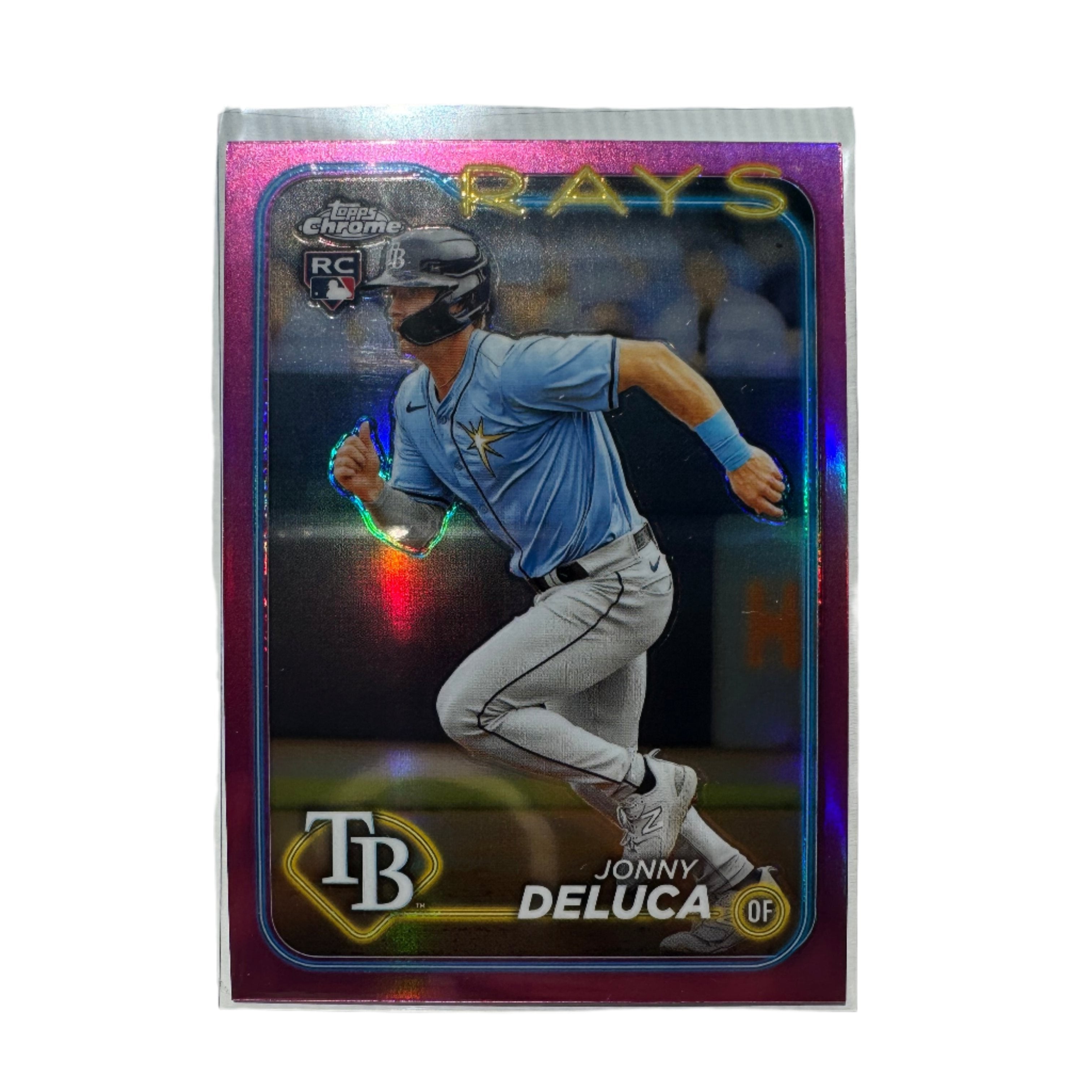 Collection of 2024 Topps Chrome #163 Jonny Deluca Pink Refractor RC - Tampa Bay Rays in a gallery layout