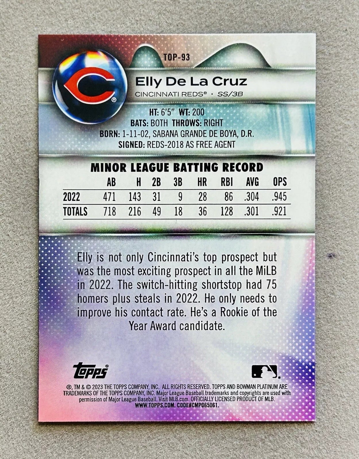 Collection of 2023 Elly De La Cruz Rookie Holo Foil Bowman Platinum Card Top-93 - Cincinnati Reds in a gallery layout